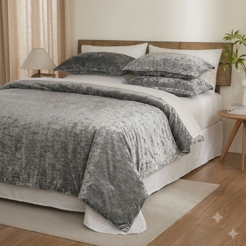 Luxury Velvet Comforter Set  9 pcs Cool Grey & Egyptian Cotton Sheet Set King